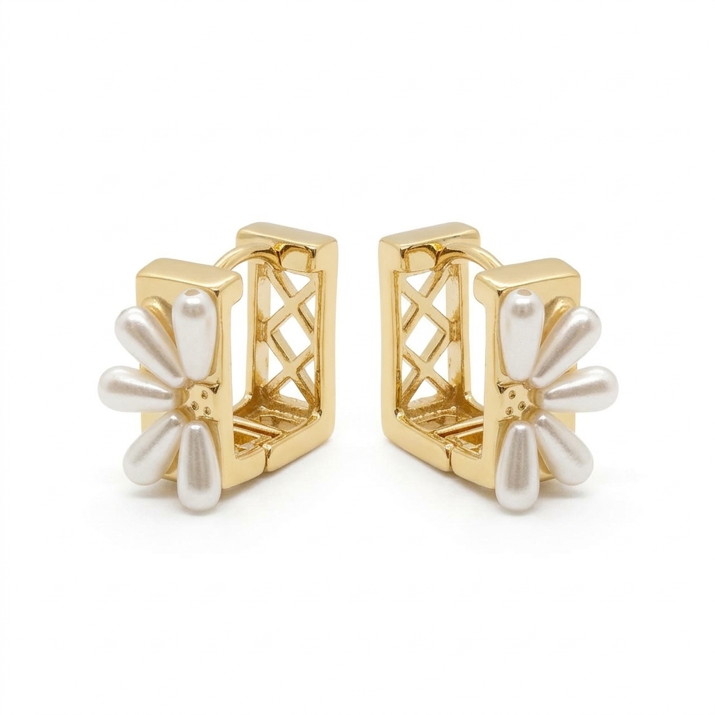 Argollas Cuadradas Flor de Perla - Argollas - B.F. ADAMS Bisutería Fina